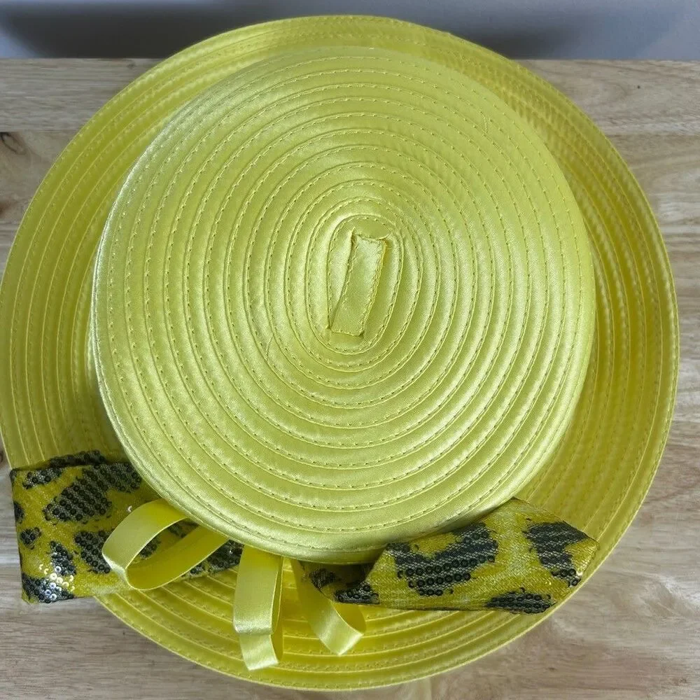 Especially Yours EY Signature Church Hat Yellow Satin Leopard Print Rhinestone